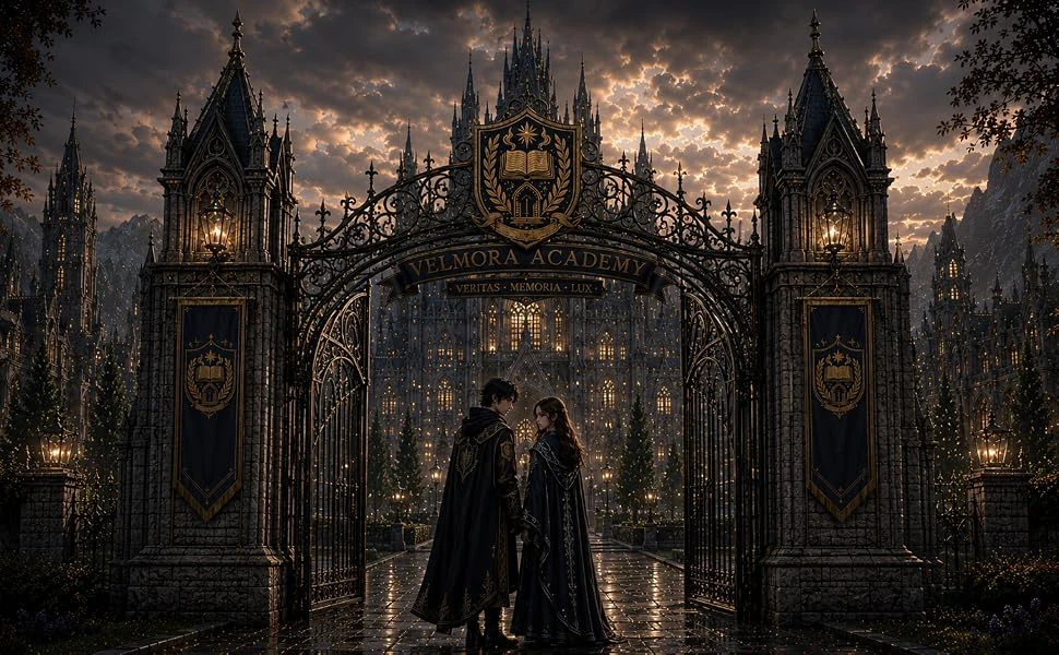 The official wrought-iron entrance gate of Velmora Academy beneath its book-and-flame crest