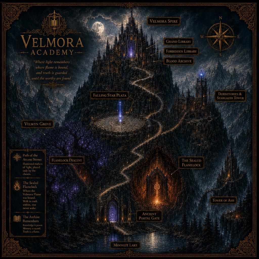 Illustrated panoramic map showing the complete Velmora Academy mountain campus