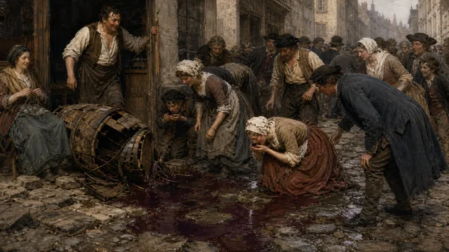 The Wine-shop, reading 1: A large cask of wine had been dropped and broken, in the street.