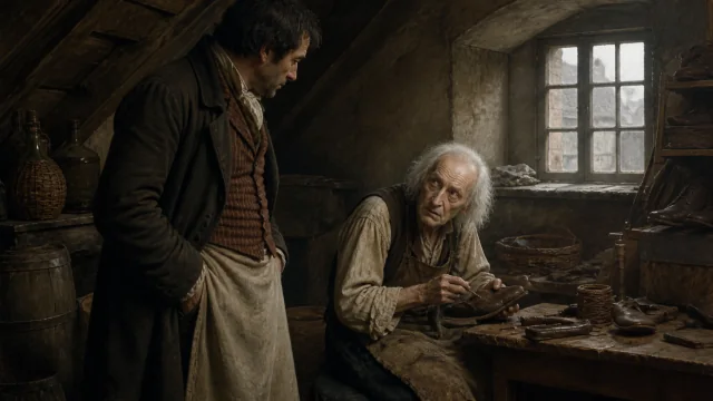 The Shoemaker, reading 1: “Good day!” said Monsieur Defarge, looking down at the white head that bent low over the shoemaking.