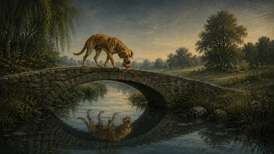 A tawny dog carrying meat crosses a stone bridge and mistakes its reflection in the stream for another dog with a larger piece.
