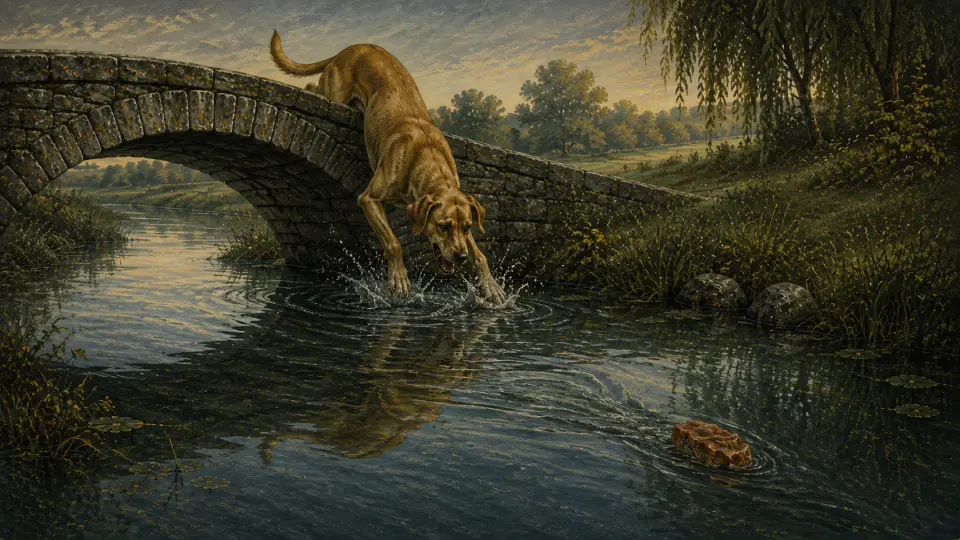 The empty-jawed dog splashes at its broken reflection while the released piece of meat is swept downstream beyond reach.