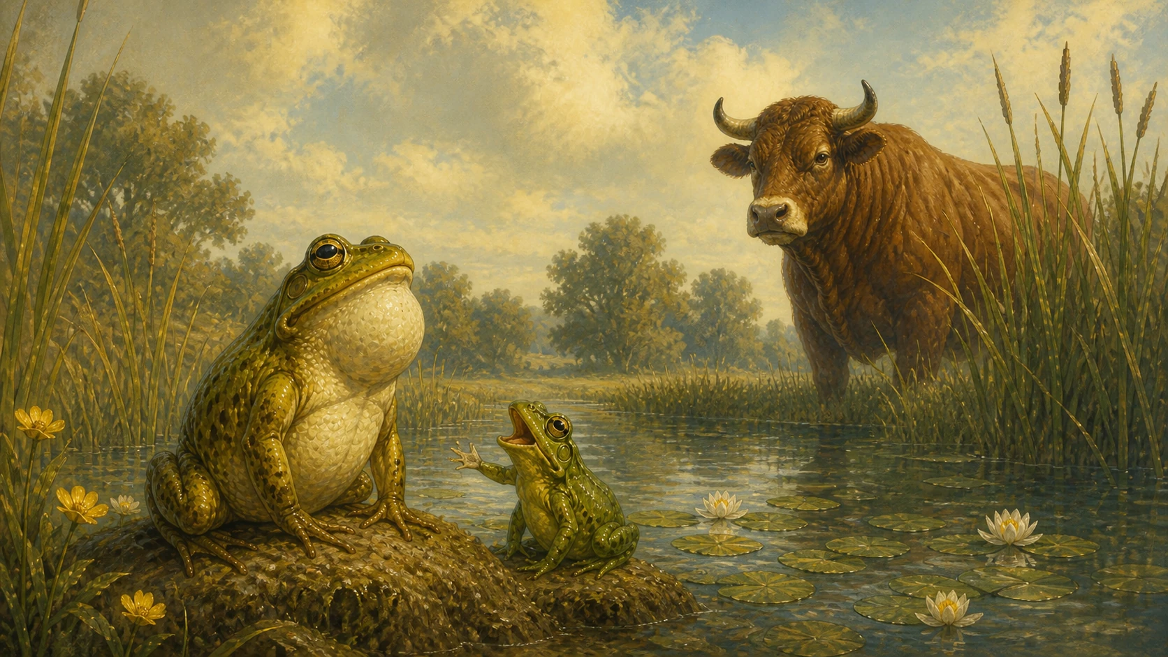A small frog tells its proud parent about an enormous horned ox standing beyond their marsh pool.