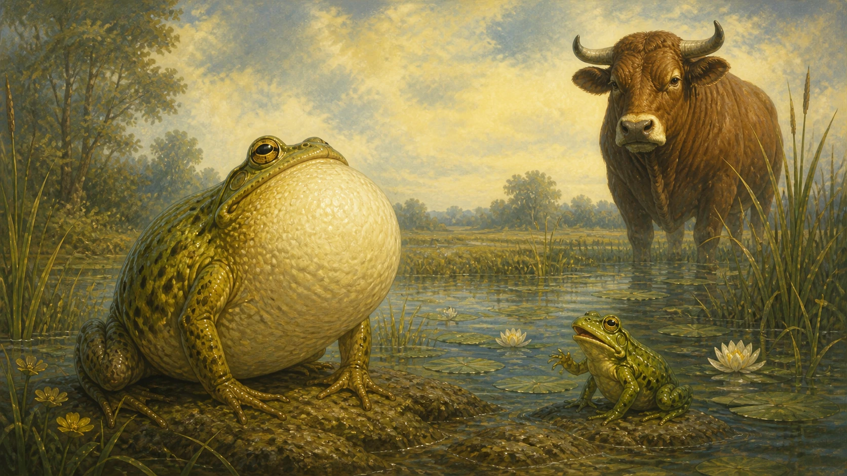 The proud parent frog swells itself larger while its child warns that the distant ox is larger still.