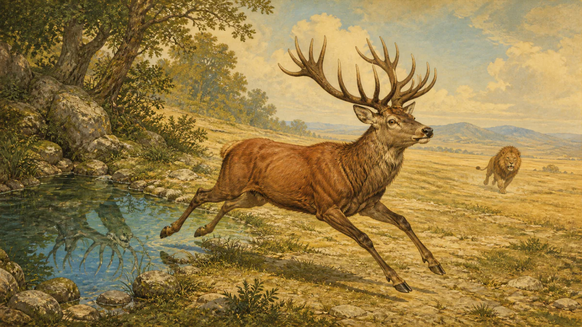 The stag leaves his reflection at the spring and outruns a pursuing lion across the open plain on his slender legs.