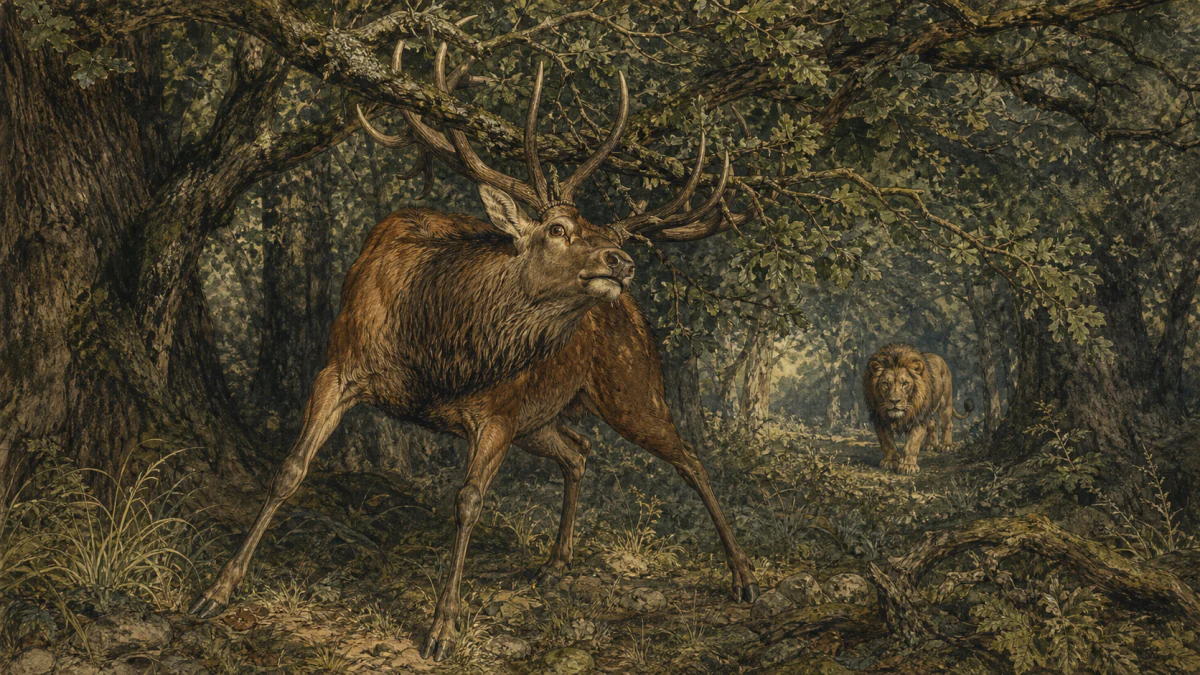 The stag's admired antlers are caught in oak branches while his free slender legs cannot carry him away from the approaching lion.