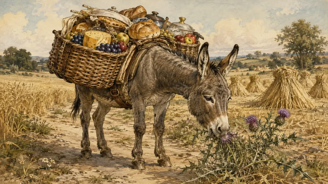 An ass carries baskets of fine provisions through a harvest field but stops to eat a large thistle.