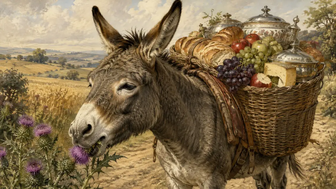 A contented ass chews a purple thistle while baskets of untouched feast food remain on its back.