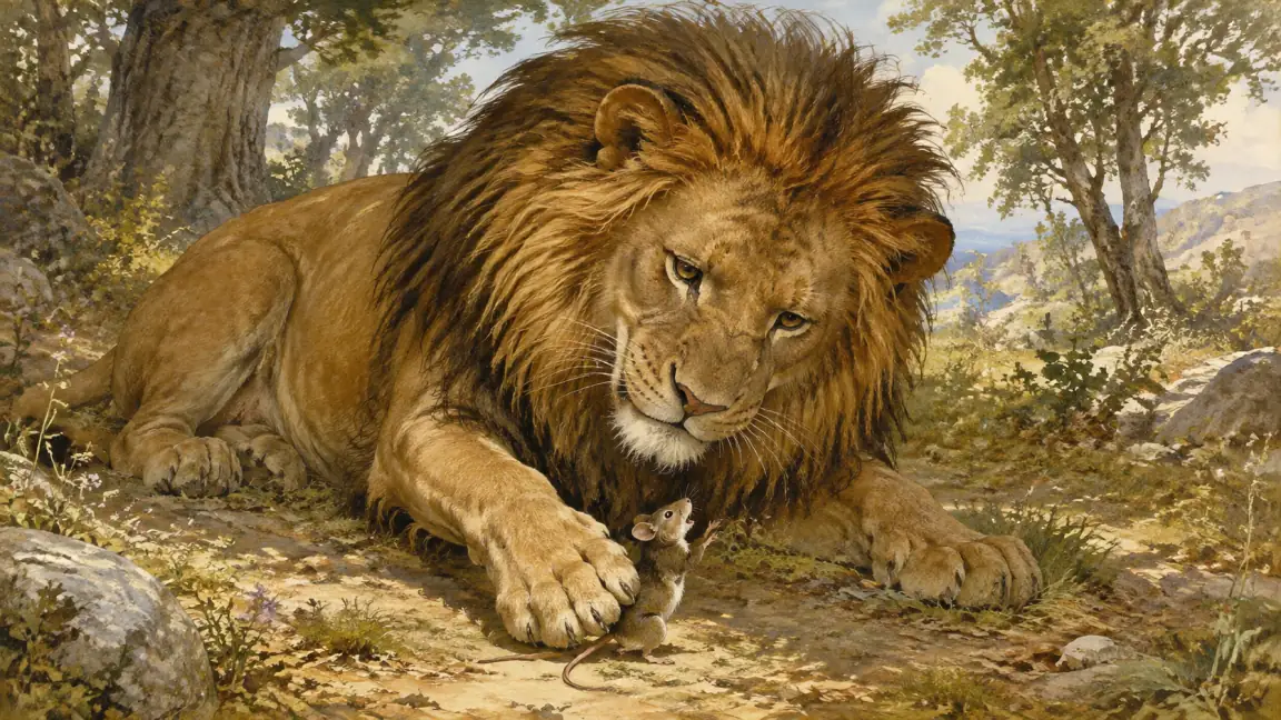 A lion releases a tiny mouse after the mouse pleads for mercy in a sunlit woodland.