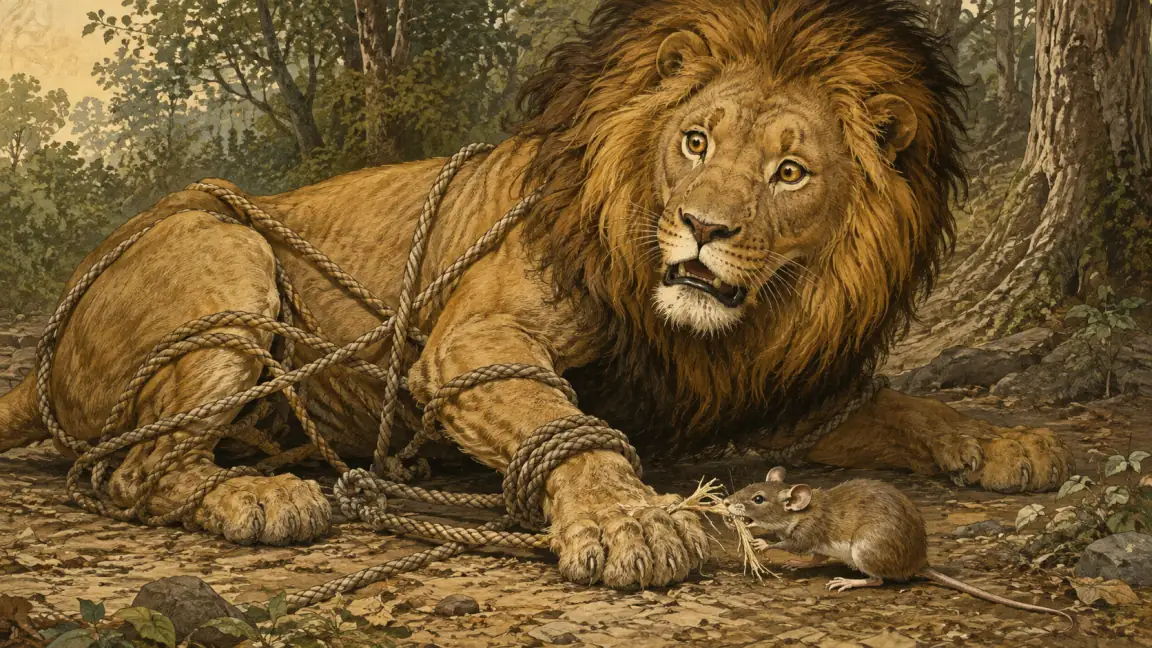 A mouse gnaws through the ropes binding a lion and repays the lion’s earlier kindness.