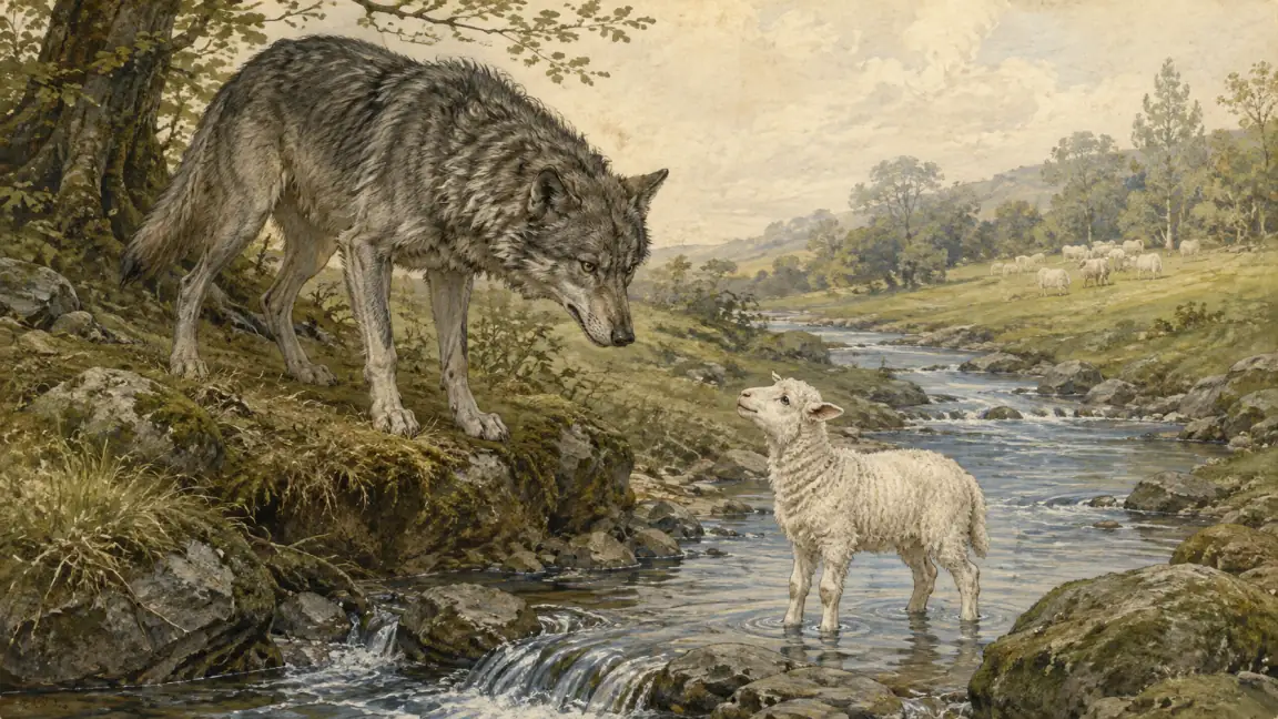 A wolf accuses a lamb who stands safely downstream in a clear woodland stream.