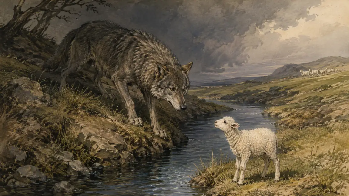 The wolf blocks the truthful lamb’s path as a storm shadow reveals his unjust intent.