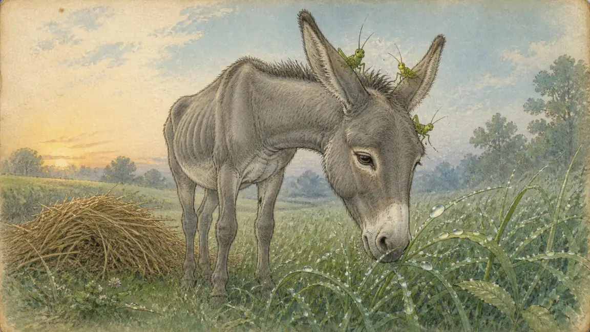A weakened ass ignores hay and bends toward dew while three grasshoppers chirp nearby.