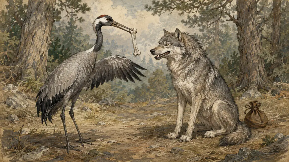 A crane holds the bone she removed while the grinning wolf keeps the promised payment behind him.