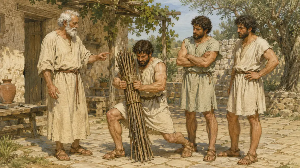 One of three quarrelling sons strains to break a bound bundle while their father watches.