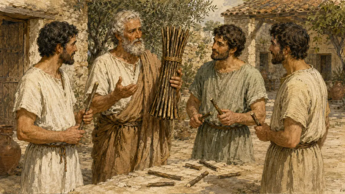 The father holds the intact bundle as his three sons understand how easily single sticks break.