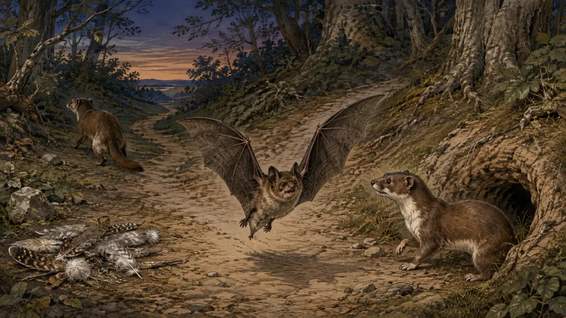 A resourceful bat escapes between two weasels whose hostilities point in opposite directions.