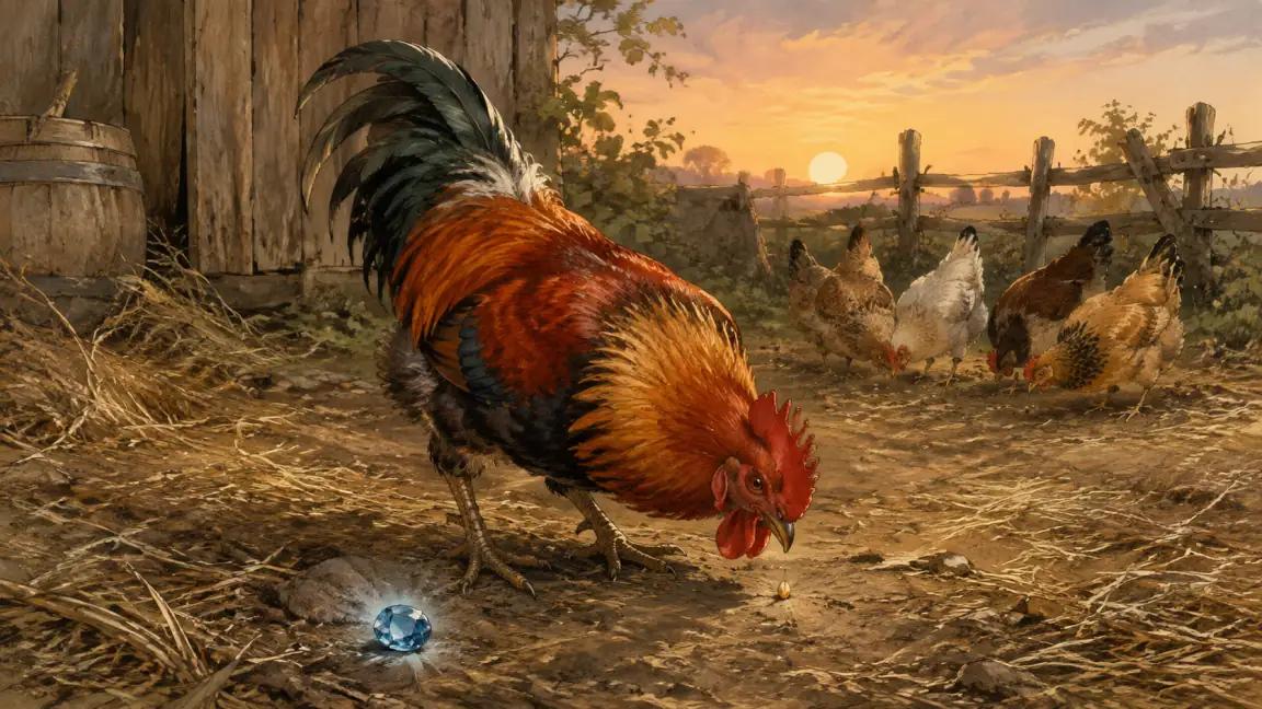 A practical cock turns from a precious jewel toward a single useful barleycorn.