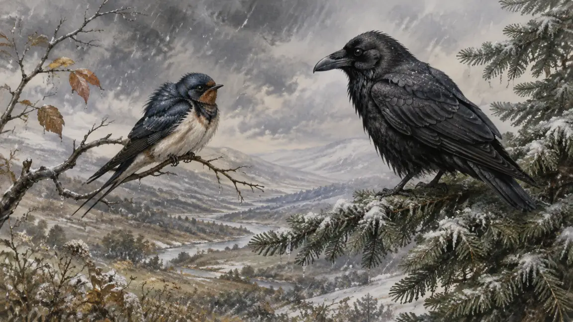 A cold swallow faces a sturdy crow whose dark feathers protect it in winter.