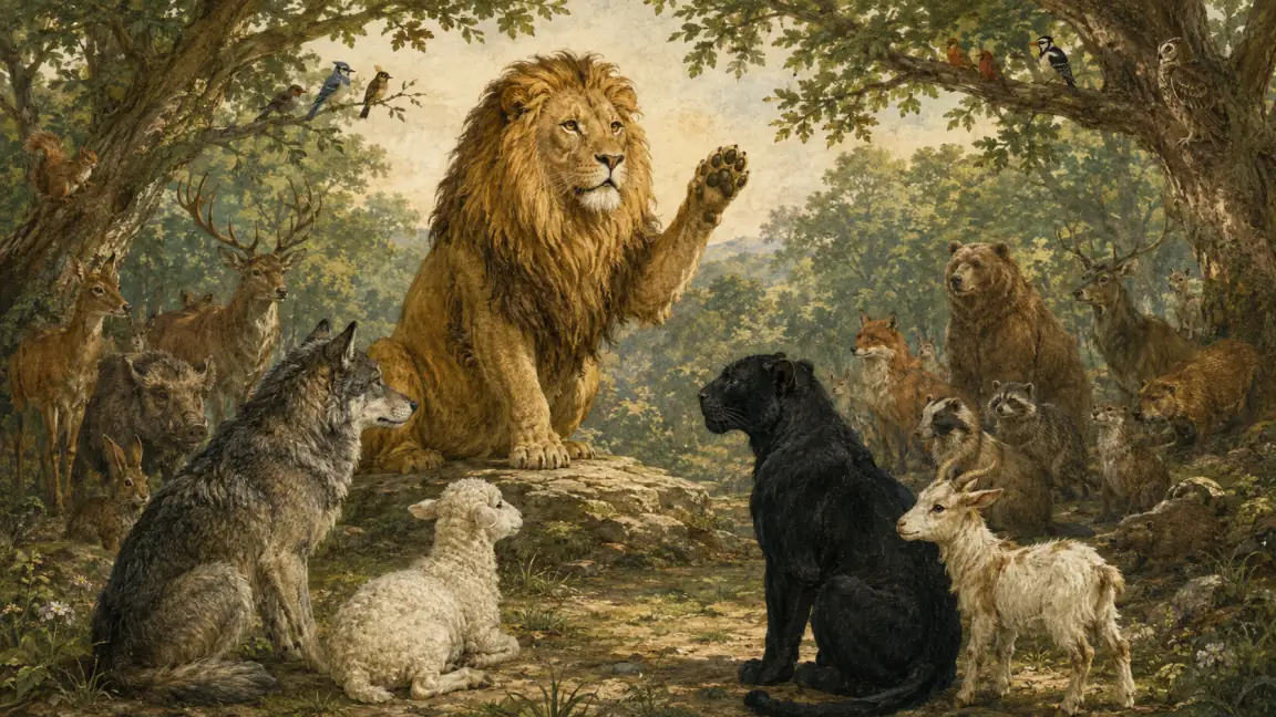A gentle lion king proclaims a universal league to former animal enemies gathered in peace.