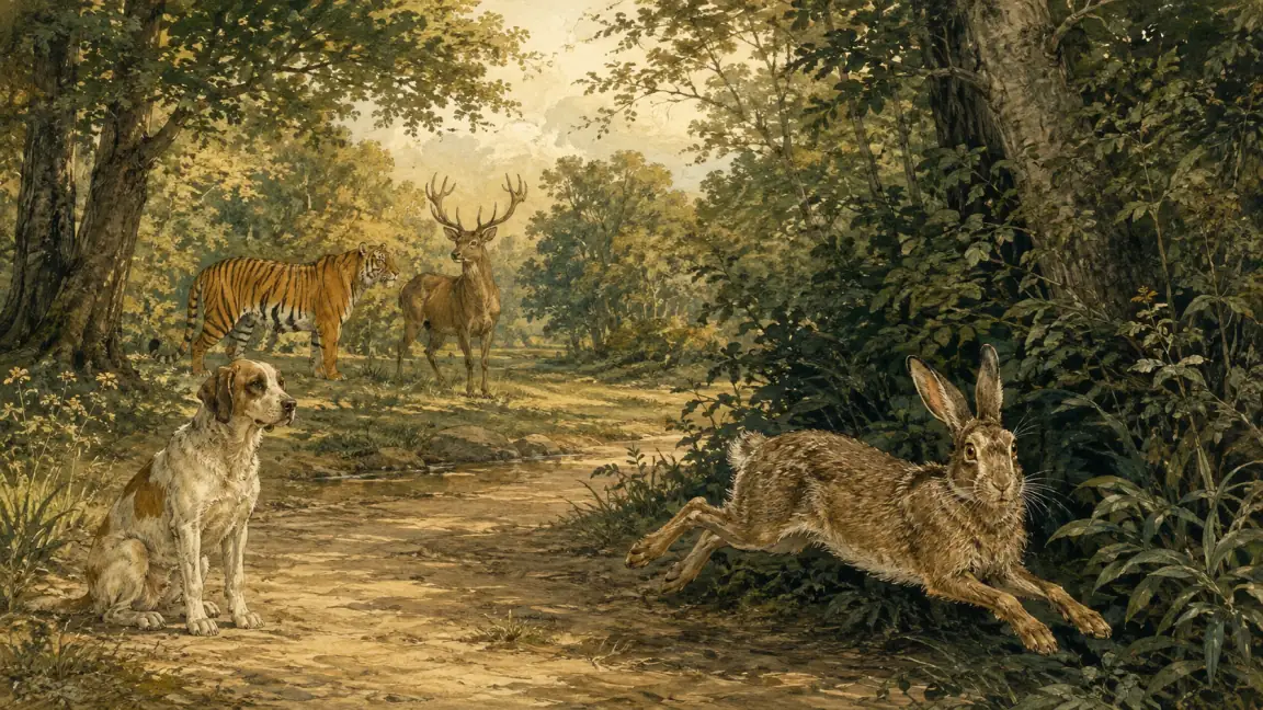 A cautious hare runs from the peaceful assembly while a dog, tiger, and stag remain calm.
