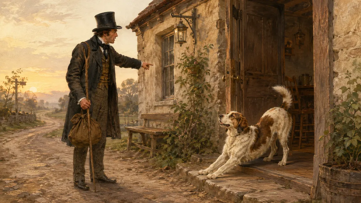A ready traveler points down the road while his dog stretches at the inn threshold and claims to be waiting.