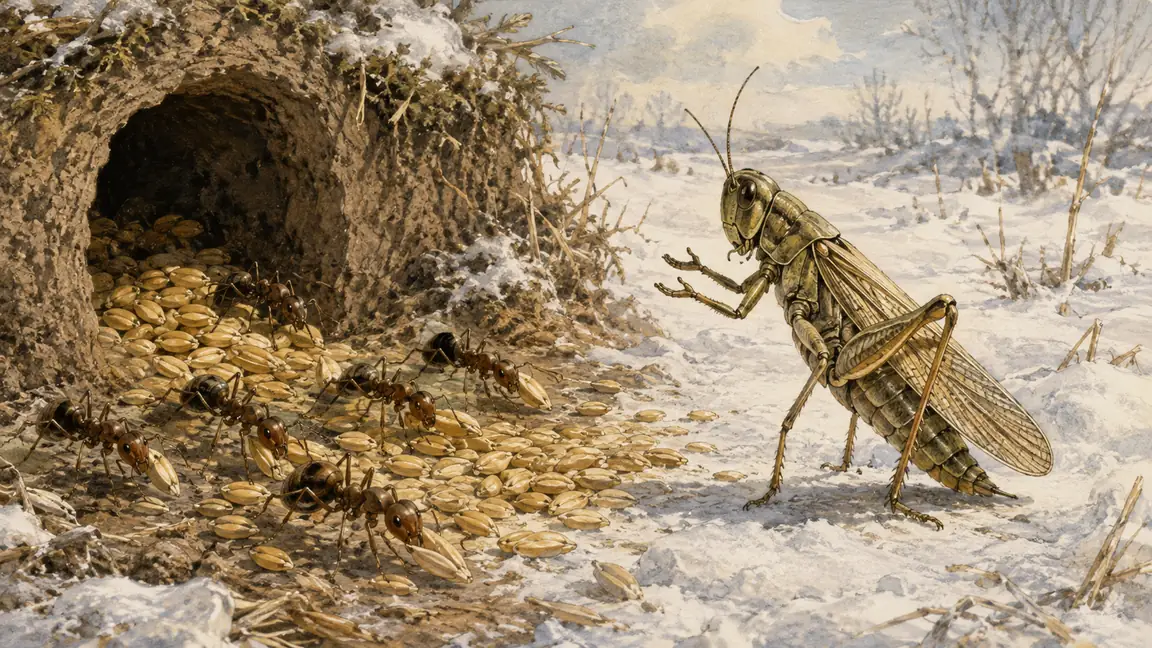 Ants dry their stored summer grain while one hungry grasshopper begs in the winter snow.