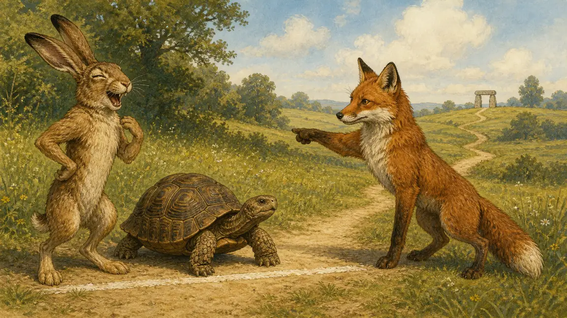 A fox sets the meadow course as one boastful hare and one determined tortoise begin their race.