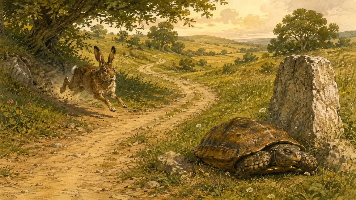 The tortoise rests beyond the stone goal while the hare races too late from the shaded wayside.