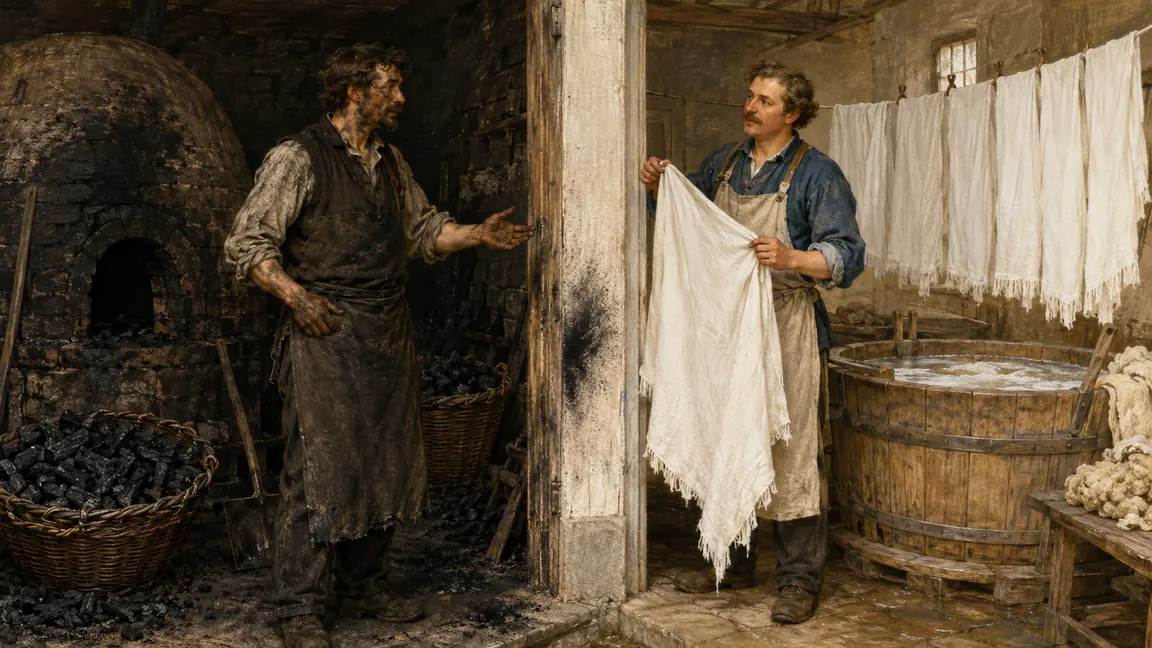 A soot-dark charcoal-burner invites a fuller who protects his freshly whitened cloth across the workshop threshold.