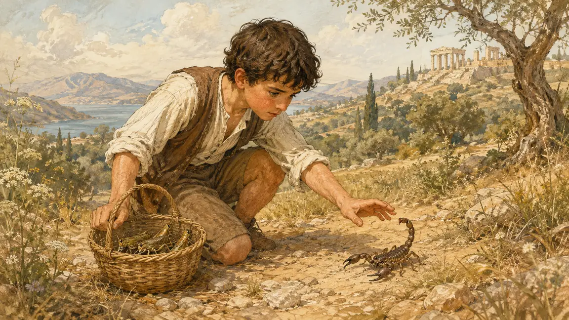 A boy pauses before touching a scorpion whose raised sting warns him, with captured locusts visible in his basket.