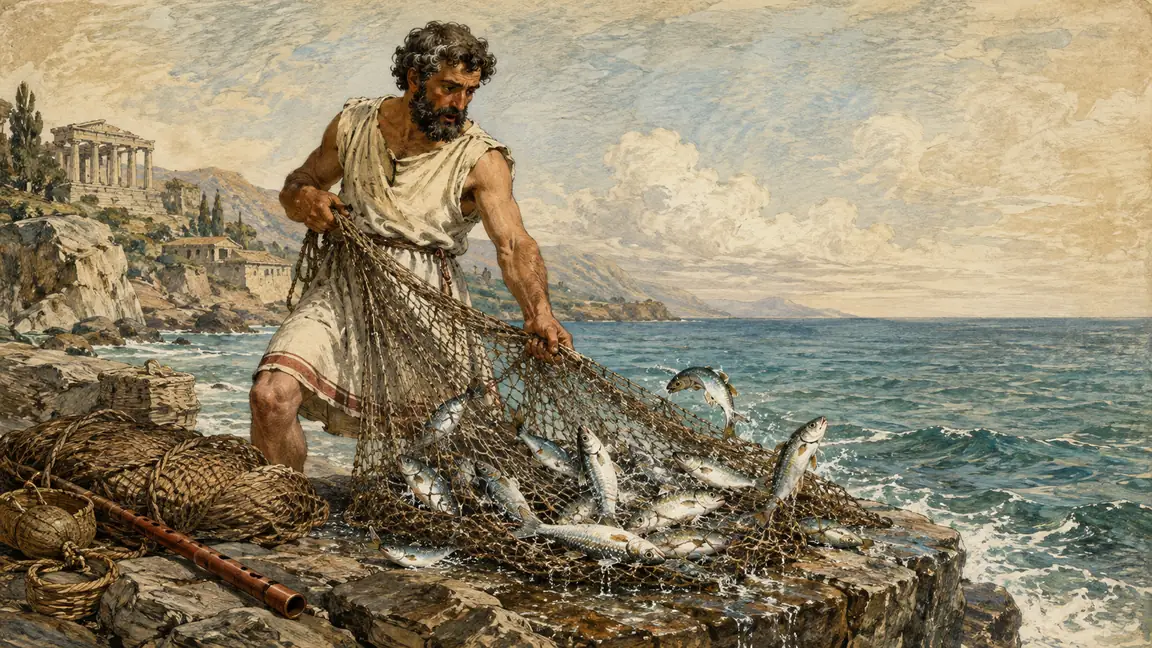 A fisherman hauls a net of leaping fish onto a sea rock after setting aside the flute that failed to attract them.