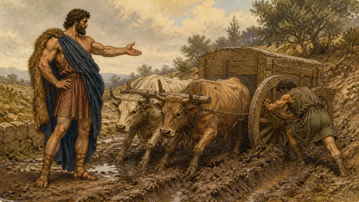 A wagoner braces against a wheel sunk in a muddy rut while two bullocks pull and Hercules directs him to act.