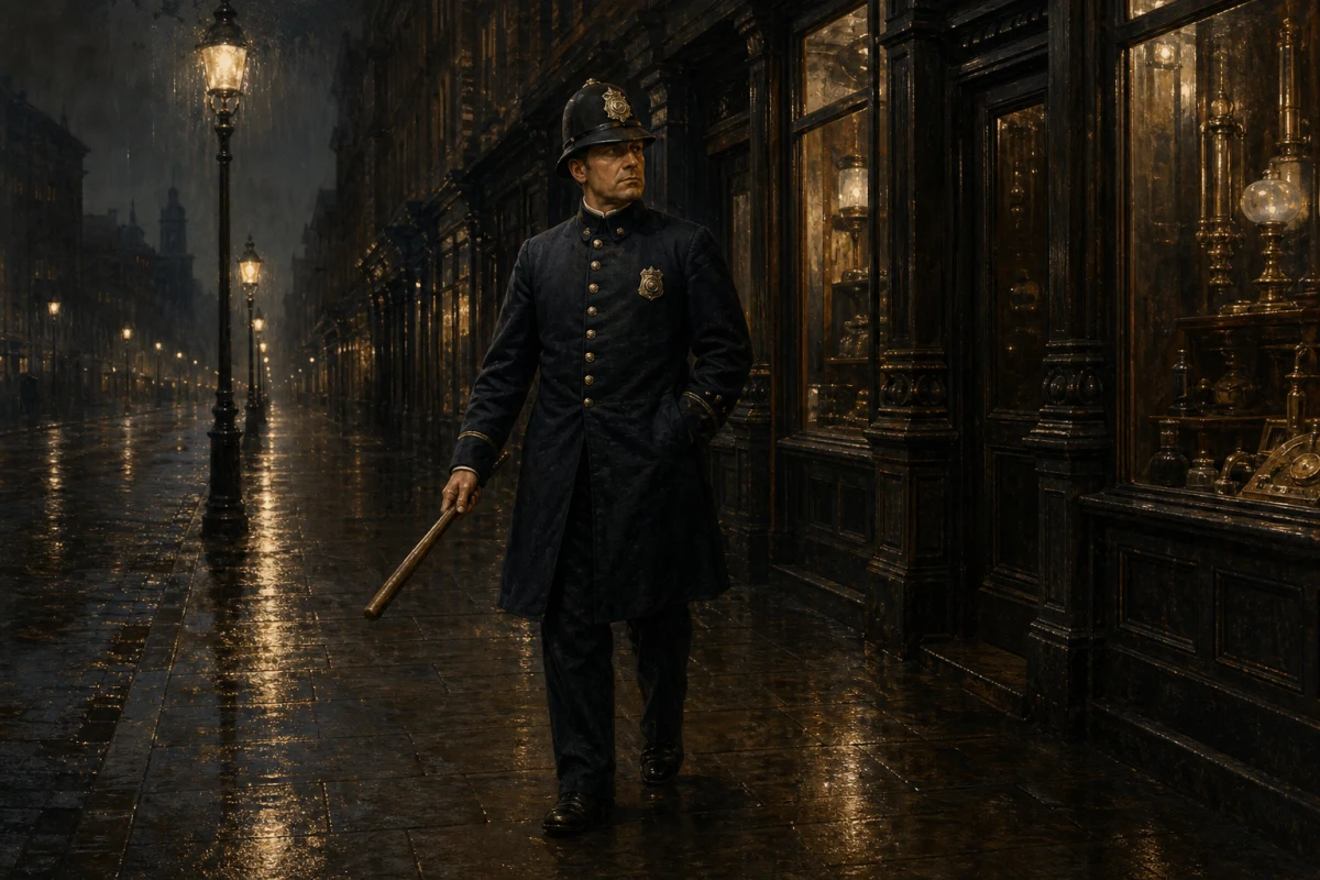 A stalwart New York patrolman walks an almost deserted commercial avenue at ten at night, testing shop doors and twirling his wooden club in cold wind and approaching rain.