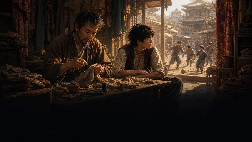Mustapha tries to teach the restless young Aladdin to sew in their poor tailor shop