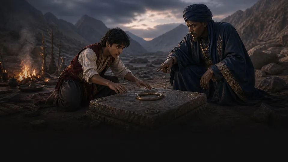 The magician promises Aladdin a hidden treasure and orders him to lift the ringed stone
