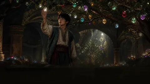 Aladdin marvels at jewel fruit in the enchanted underground garden