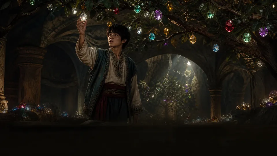 Aladdin marvels at jewel fruit in the enchanted underground garden