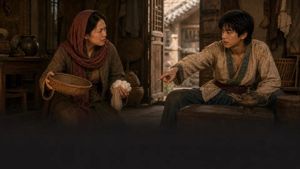 Hungry Aladdin asks his mother to sell the dirty old lamp instead of her spun cotton