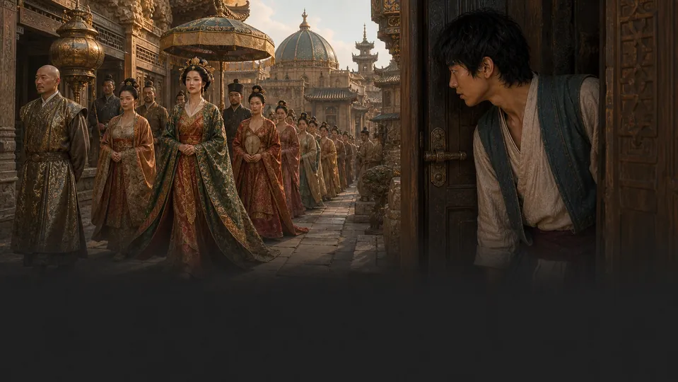 Aladdin secretly watches Princess Badroulboudour's procession approach the bathhouse