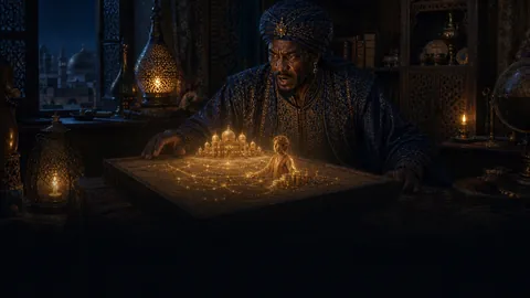 The African magician discovers through geomancy that Aladdin survived and prospered