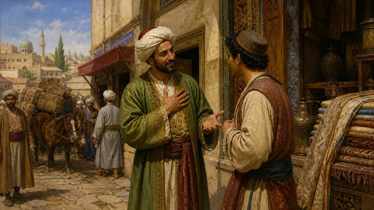 Ali Baba, The False Merchant and Morgiana's Dance, reading 1: The captain now assumed the character of a merchant, and conveyed gradually a great many sorts of rich stuffs and fine l