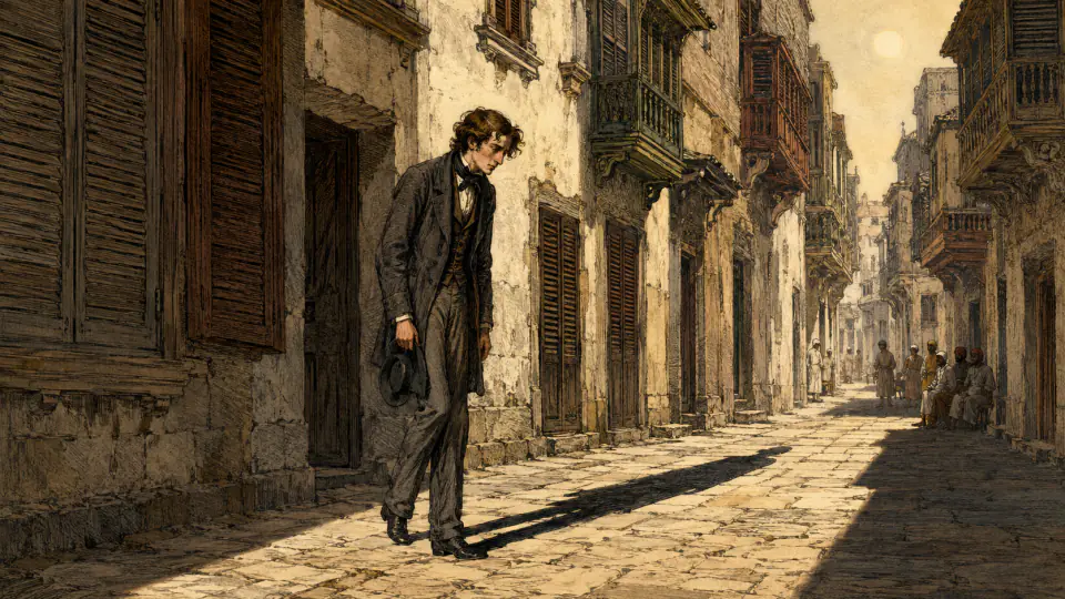 The scholar and his shrinking shadow endure the fierce sun of the hot lands.