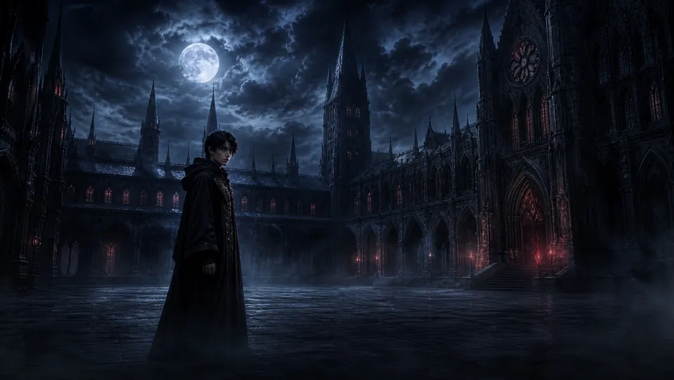 Elric alone in Velmora Academy's courtyard as the recurring fire dream begins