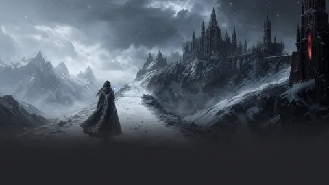Lyra Estelle walks alone through the frozen mountains toward Velmora