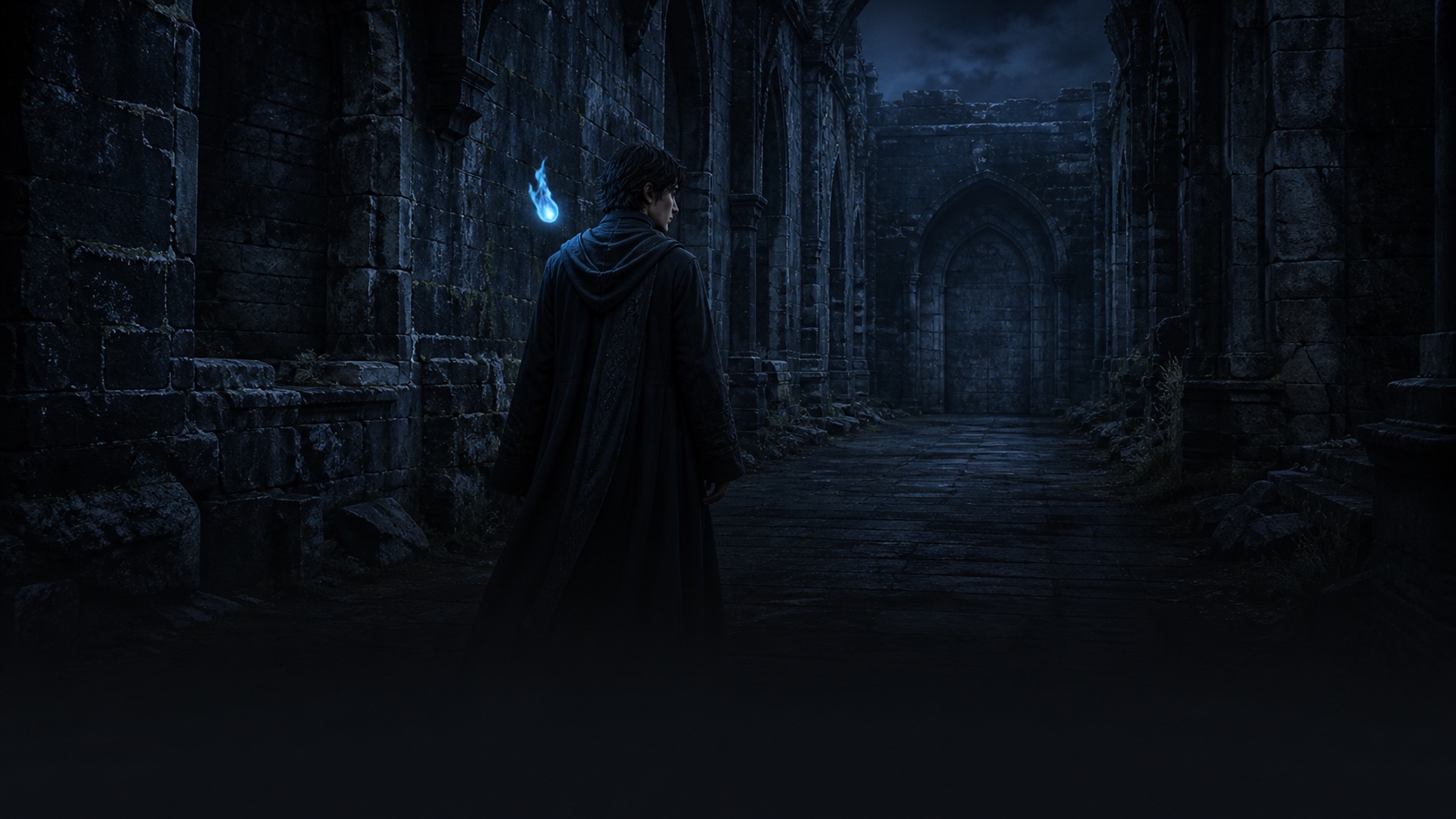 Elric crosses the fractured west corridor toward Flamelock