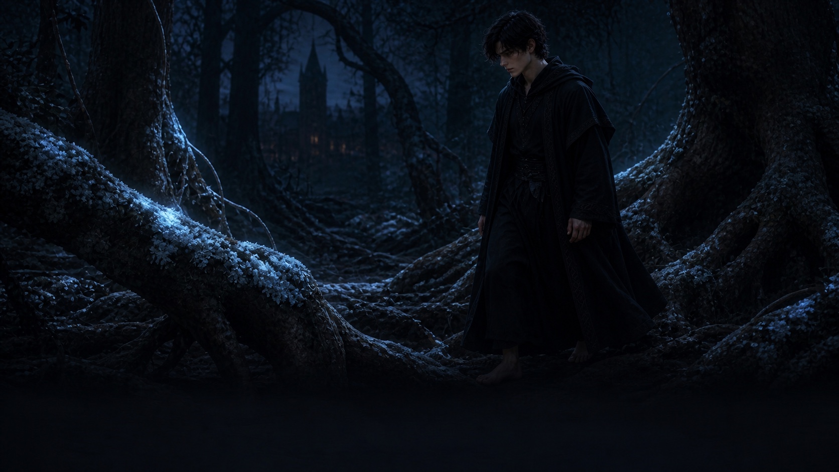 Elric searches barefoot through the woods behind Velmora