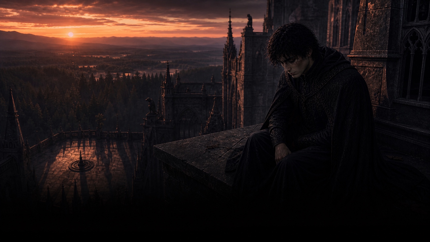 Elric watches sunset from Velmora's western tower