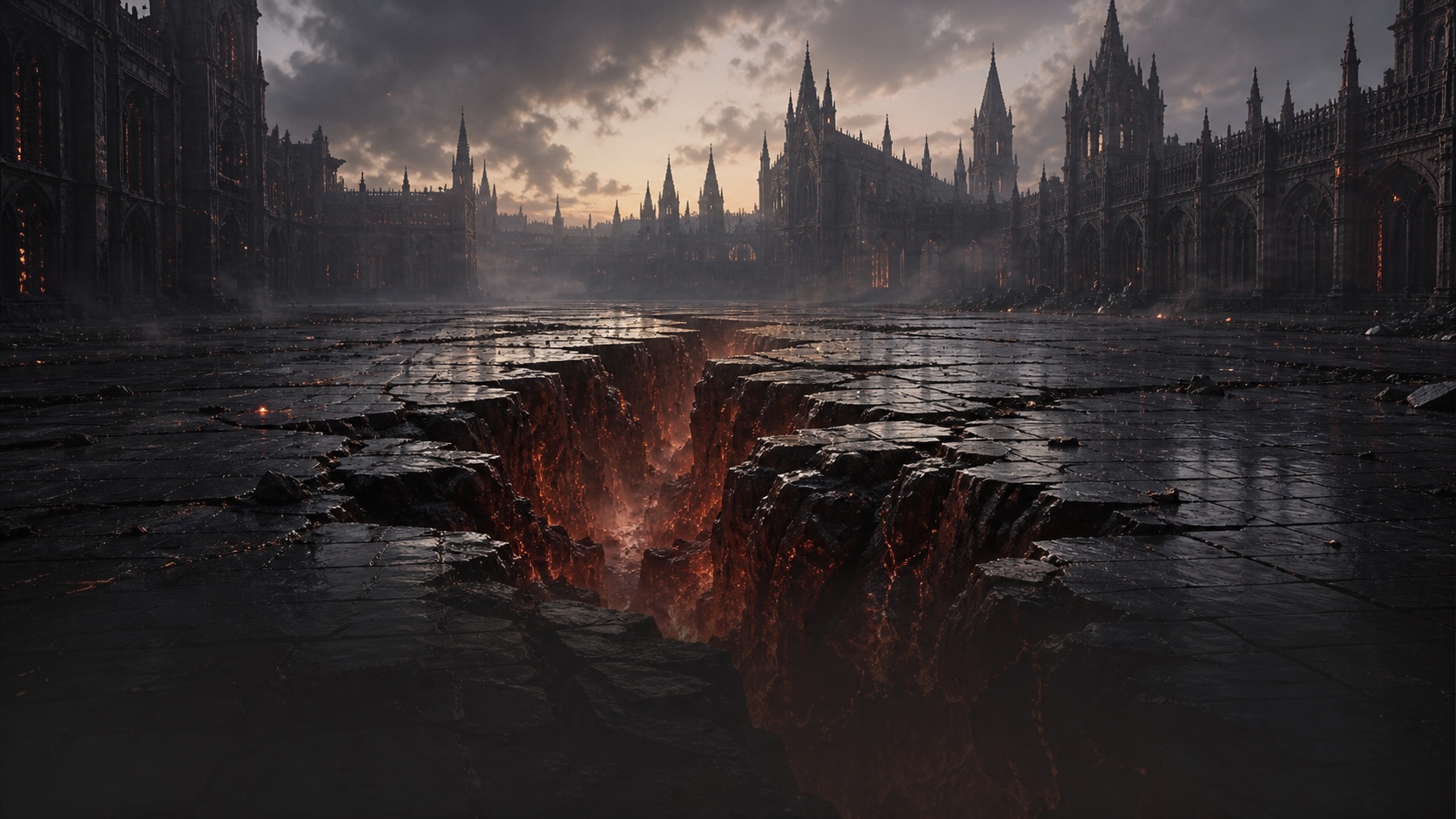 A glowing fissure opens in the obsidian academy square