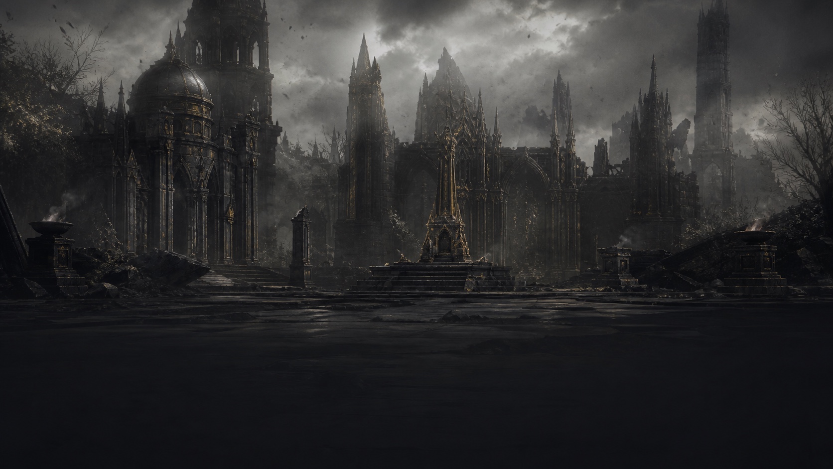 Ash falls over the silent ruined square of Velmora